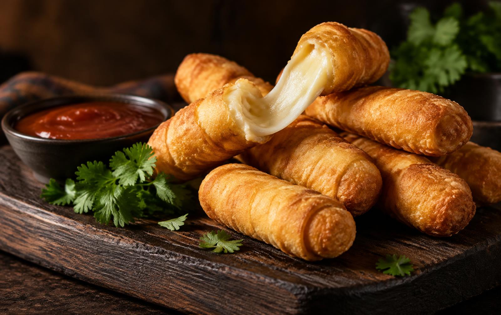 Tequeños venezolanos dorados con queso derretido